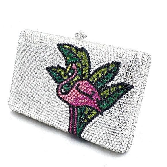 Pink Flamingo and Palm Leaves Crystal Clutch Purse - Picture 4 of 6